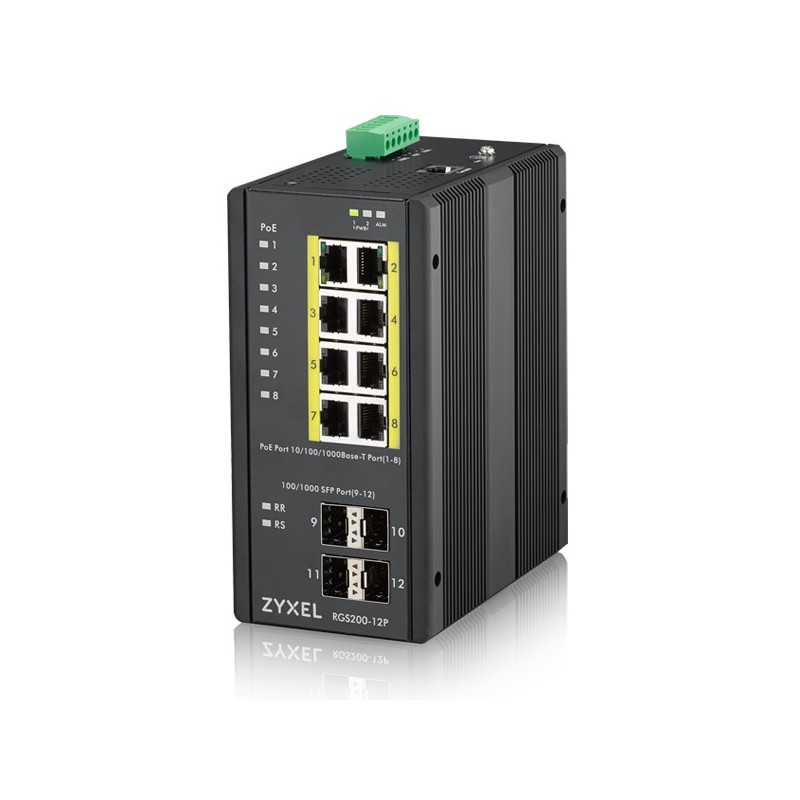 ZyXEL RGS200-12P, 12-port Gigabit WebManaged switch: 8x GbE + 4x SFP, PoE (802.3at, 30W), Power budget 240W, DIN rail/Wa