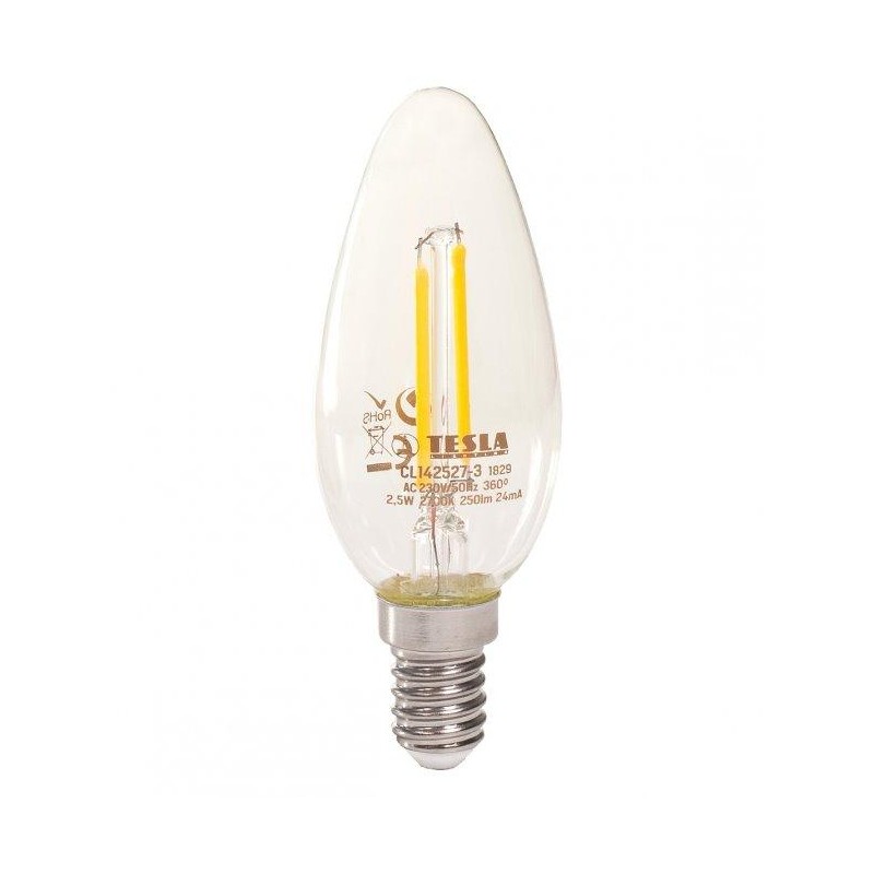TESLA LED žárovka FILAMENT RETRO svíčka/ E14/ 2,5W/ 230V/ 250lm/ 2700K/ teplá bílá/ čirá
