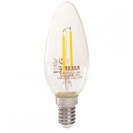 TESLA LED žárovka FILAMENT RETRO svíčka/ E14/ 2,5W/ 230V/ 250lm/ 2700K/ teplá bílá/ čirá