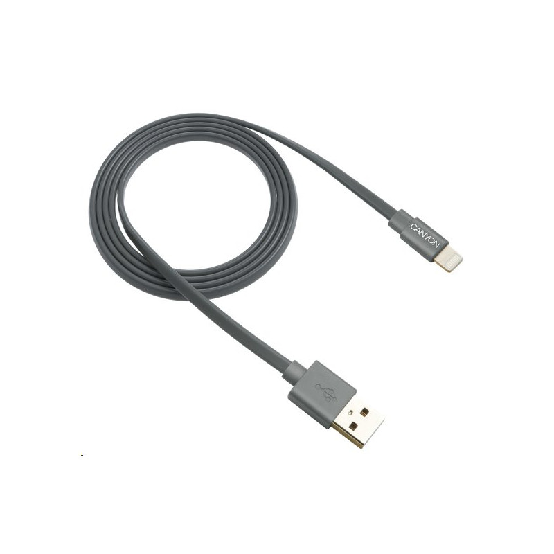 CANYON nabíjecí kabel Lightning MFI-2, plochý, Apple certifikát, délka 1m, tmavě šedá