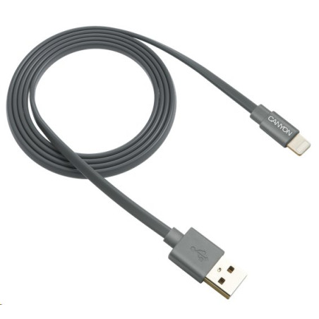 CANYON nabíjecí kabel Lightning MFI-2, plochý, Apple certifikát, délka 1m, tmavě šedá
