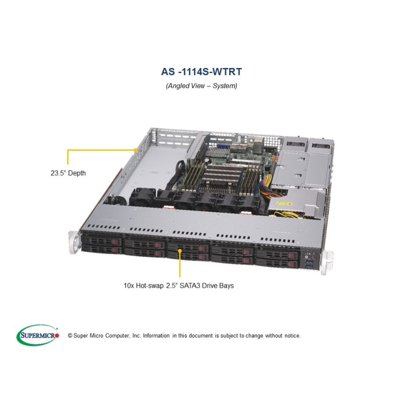 SUPERMICRO A+ Server 1U 1x SP3, 8x DDR4, 10x 2,5" (2xNVMe opt.), 2x500W(plat), 2x10GbE, IPMI