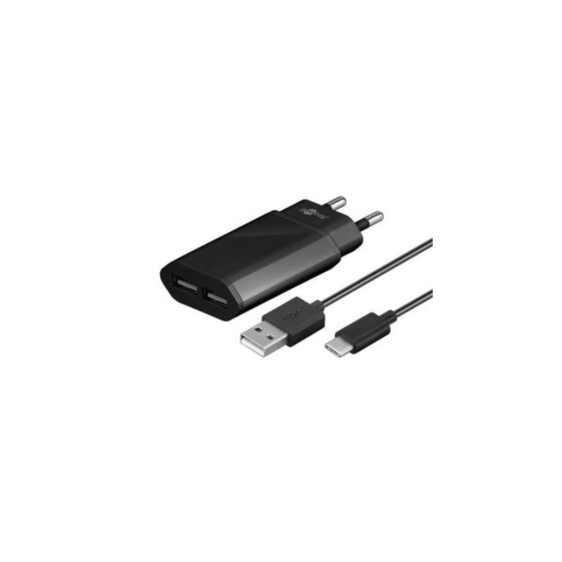 PremiumCord Napájecí a nabíjecí adaptér 230V na 2x USB, 2,4A s USB Typu C kabelem 1m ,černý