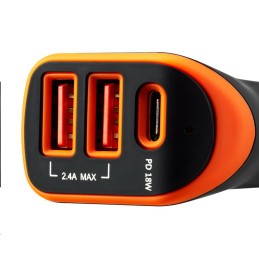 CANYON auto nabíječka C-08, 1xUSB-C (PD 18W) + 2xUSB-A, vstup 12V-24V,výstup 5V-2.4A, Smart IC,CE,RoHS - černo oranžová