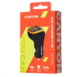 CANYON auto nabíječka C-08, 1xUSB-C (PD 18W) + 2xUSB-A, vstup 12V-24V,výstup 5V-2.4A, Smart IC,CE,RoHS - černo oranžová