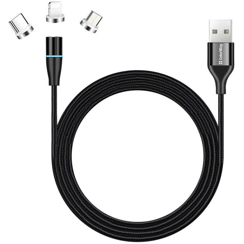 Colorway Nabíjecí Kabel 3v1 Lightning+MicroUSB+USB-C/ Magnetic/ 2.4A/ Nylon/ Quick Charge 3.0/ 1m