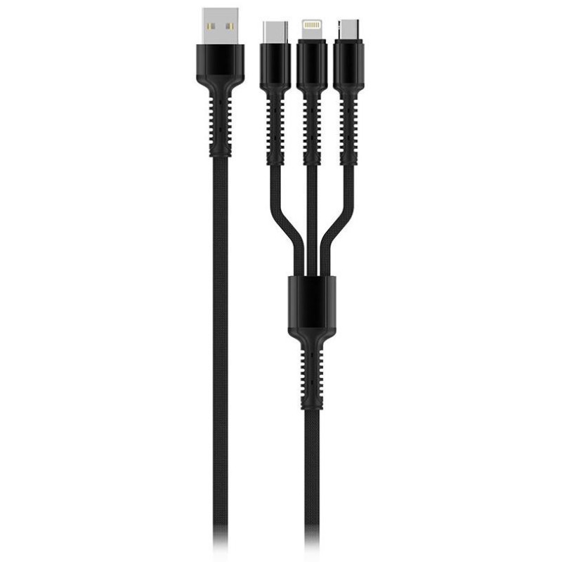Colorway Nabíjecí Kabel 3v1 Lightning+MicroUSB+USB-C/ 4A/ Nylon/ 1,2m/ Šedivý