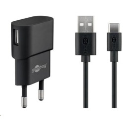 PremiumCord Napájecí a nabíjecí adaptér 230V na USB 5V/1A + USB-C kabel 1m, černý