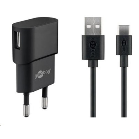 PremiumCord Napájecí a nabíjecí adaptér 230V na USB 5V/1A + USB-C kabel 1m, černý