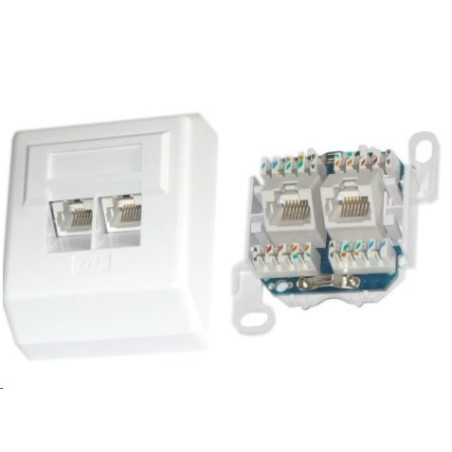 Zásuvka UTP Cat5E, 2xRJ45, na omítku, šikmý vývod, bílá