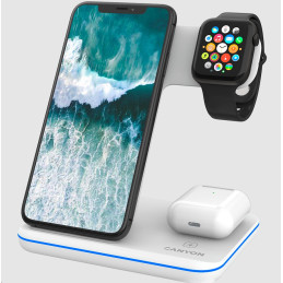CANYON Bezdrátová nabíječka WS-303W,3v1,vstup 9V/2A,12V/2A,výstup 15/10/7.5/5W, USB-C  USB-A, vč. AC adaptéru,bílá