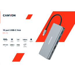 CANYON replikátor portů DS-12 13v1, 1xUSB-C PD 100W, 2xHDMI (4K), VGA, 4xUSB-A, RJ45 Gb, 3.5mm jack, SD/micro čtečka