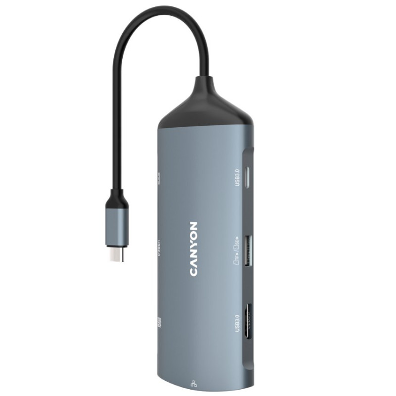 CANYON replikátor portů DS-15 8v1, 1xUSB-C PD 100W, 1xHDMI (4K), VGA, 2xUSB-A 3.0, 1xUSB-A 2.0 RJ45 Gb, 3.5mm jack, SD/m