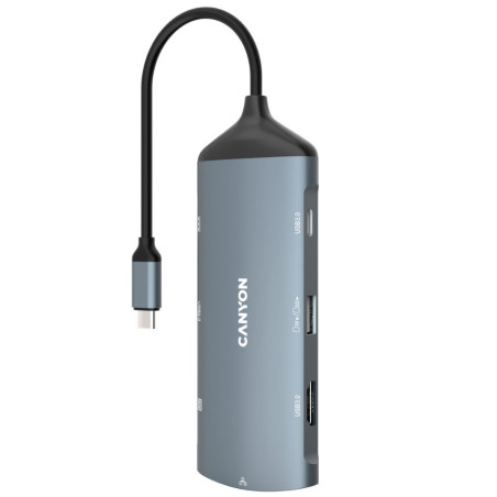 CANYON replikátor portů DS-15 8v1, 1xUSB-C PD 100W, 1xHDMI (4K), VGA, 2xUSB-A 3.0, 1xUSB-A 2.0 RJ45 Gb, 3.5mm jack, SD/m