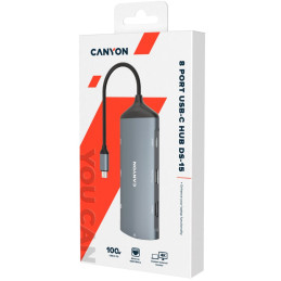 CANYON replikátor portů DS-15 8v1, 1xUSB-C PD 100W, 1xHDMI (4K), VGA, 2xUSB-A 3.0, 1xUSB-A 2.0 RJ45 Gb, 3.5mm jack, SD/m