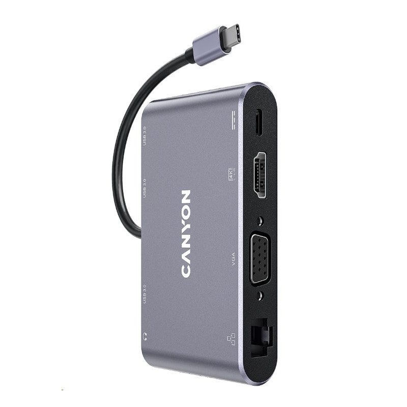 CANYON replikátor portů DS-14 8v1, 1xUSB-C PD 100W, 1xHDMI (4K), VGA, 3xUSB-A 3.0, RJ45 Gb, 3.5mm jack