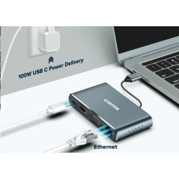 CANYON replikátor portů DS-14 8v1, 1xUSB-C PD 100W, 1xHDMI (4K), VGA, 3xUSB-A 3.0, RJ45 Gb, 3.5mm jack