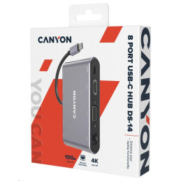CANYON replikátor portů DS-14 8v1, 1xUSB-C PD 100W, 1xHDMI (4K), VGA, 3xUSB-A 3.0, RJ45 Gb, 3.5mm jack