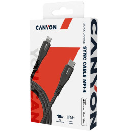 CANYON nabíjecí kabel Lightning MFI-4, USB-C Power delivery 18W, Apple certifikát, délka 1.2m, černá