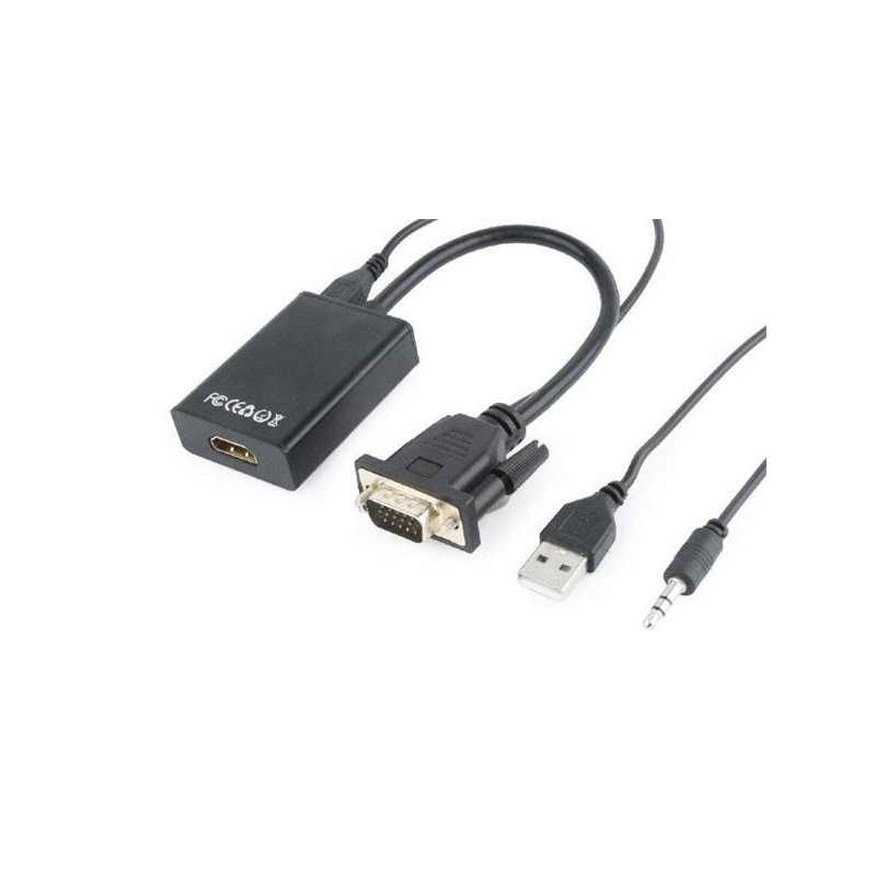 Gembird adaptér VGA (M) na HDMI (F) + 3.5 mm audio, 0.15 m kábel, čierny