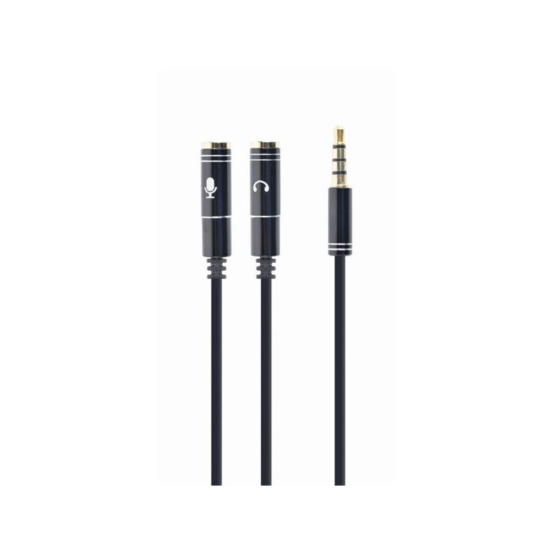 Gembird adaptér 1 x 3.5 mm 4-pin miniJack (M) na 2 x 3.5 mm jack (F) pre zapojenie headsetu do notebooku, kov. kon,0.2 m