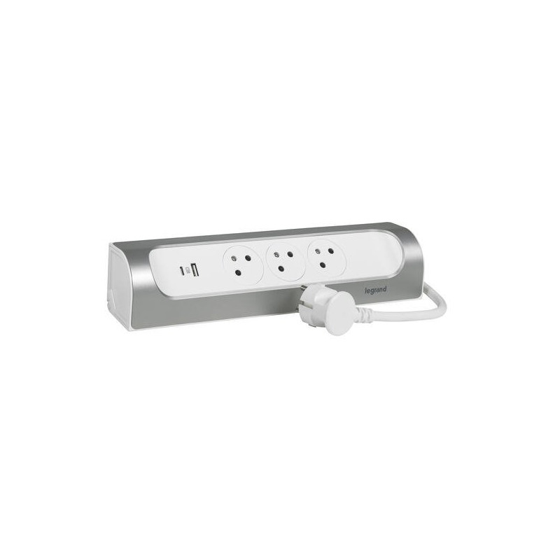 LEGRAND Revolution zásuvkový blok rohový 3x2P+T/USB A+C, kabel 1m, bílá-hliník