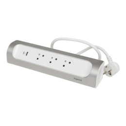 LEGRAND Revolution zásuvkový blok rohový 3x2P+T/USB A+C, kabel 1m, bílá-hliník