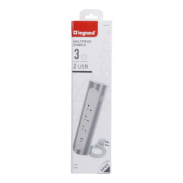 LEGRAND Revolution zásuvkový blok rohový 3x2P+T/USB A+C, kabel 1m, bílá-hliník