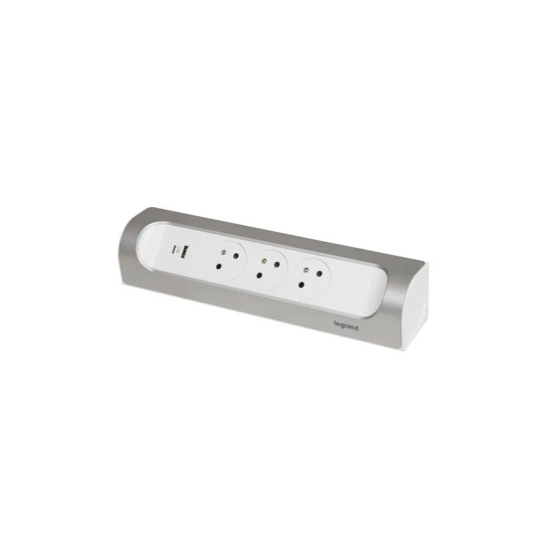 LEGRAND Revolution zásuvkový blok rohový 3x2P+T/USB A+C, bez kabelu, bílá-hliník