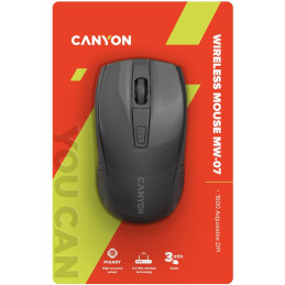 CANYON myš optická bezdrátová MW-7, nastavitelné rozlišení 800/1200/1600 dpi, 4 tl, USB dongle, 1xAA, černá