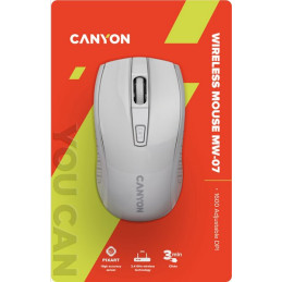 CANYON myš optická bezdrátová MW-7, nastavitelné rozlišení 800/1200/1600 dpi, 4 tl, USB dongle, 1xAA, bílá