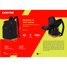 CANYON BPS-5 batoh pro 15.6" ntb, 45 x 31 x 16cm, 22L, USB-A, 3+4 kapsy + 1 na láhev, 2 přepážky, dešti odolný, černý