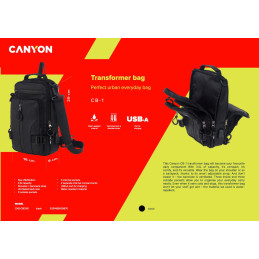 CANYON CB-1 batoh, 29 x 16 x 9cm, 3.5L, USB-A port, 3+3 kapsy, 2 interní přepážky, dešti odolný, černý