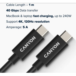 CANYON kabel UC-44, USB-C – USB-C (240W, 48V/5A, 40Gbps Data, 4K@120Hz) 1m, černá