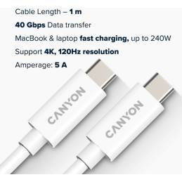 CANYON kabel UC-44, USB-C – USB-C (240W, 48V/5A, 40Gbps Data, 4K@120Hz) 1m, bílá