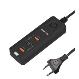 CANYON nabíječka H-10 do sítě 2xUSB-C (PD 20W) + 2x USB-A (QC 3.0 18W), ochrana, 100V-240V, výstup až 40W, 1m, černá