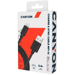 CANYON nabíjecí kabel Lightning MFI-12, 26MB/s, 5V/2.4A, Apple certifikát, délka 2m, černá