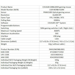 COUGAR herní myš drátová AIRBLADER čip PMW3389 16000dpi 62g light weight