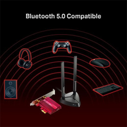 AX3000 Dual Band Wi-Fi 6 Bluetooth PCI Express Adapter SPEED: 2402 Mbps at 5 GHz + 574 Mbps at 2.4 GHz SPEC: 2× High Gai