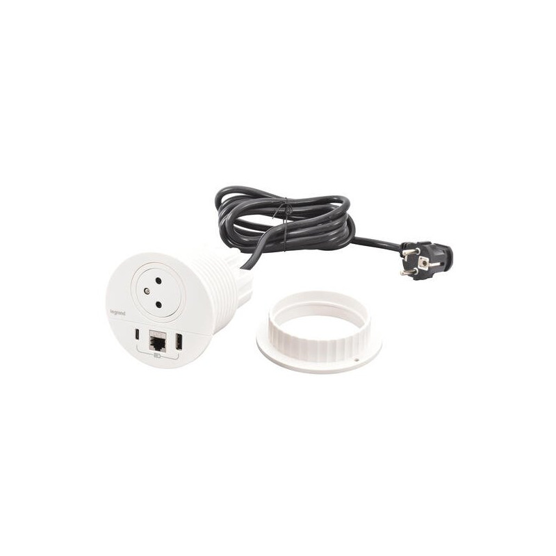 Legrand - Incara™ Disq 80 - Zapuštěná zásuvka 2P+T/USB A+C/RJ45, bílá, 2m