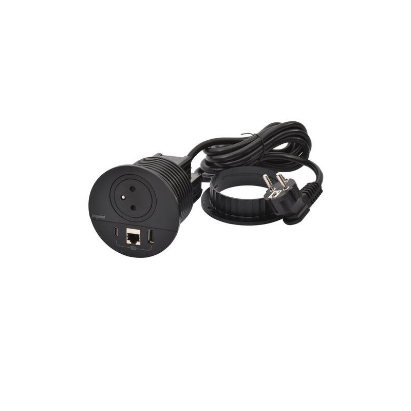 Legrand - Incara™ Disq 80 - Zapuštěná zásuvka 2P+T/USB A+C/RJ45, černá, 2m