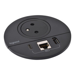 Legrand - Incara™ Disq 80 - Zapuštěná zásuvka 2P+T/USB A+C/RJ45, černá, 2m