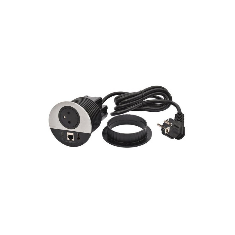 Legrand - Incara™ Disq 80 - Zapuštěná zásuvka 2P+T/USB A+C/RJ45, černá/kov, 2m