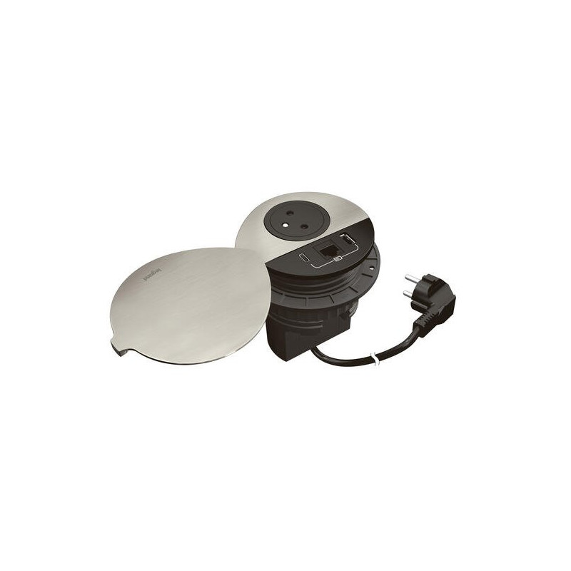 Legrand - Incara™ Disq 80 - Zapuštěná zásuvka 2P+T/USB A+C/RJ45, černá s kovovým krytem, 2m