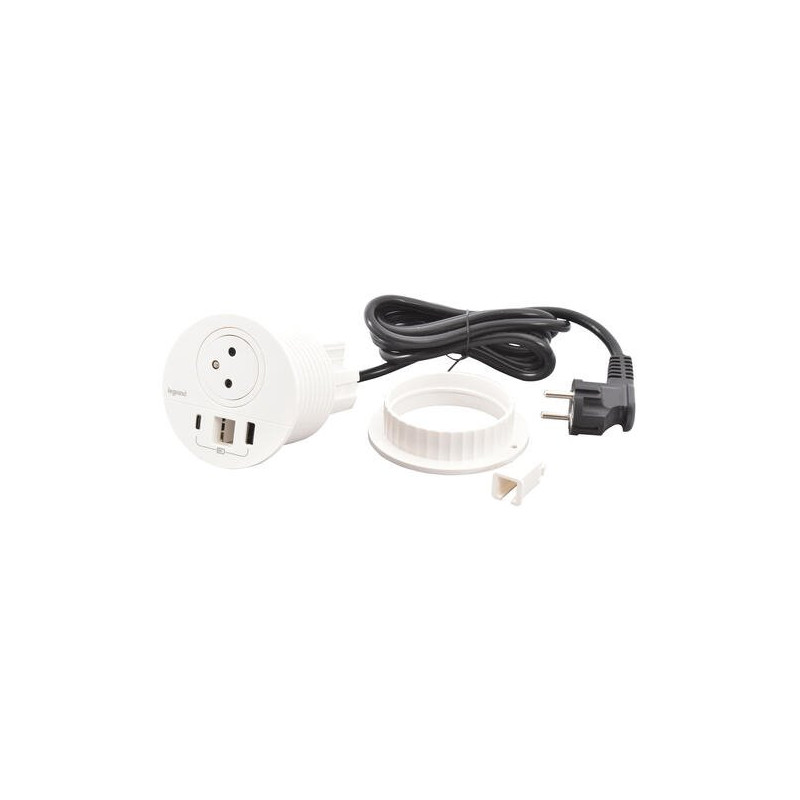 Legrand - Incara™ Disq 80 - Zapuštěná zásuvka 2P+T/USB A+C, kabel. vývod, bílá, 2m