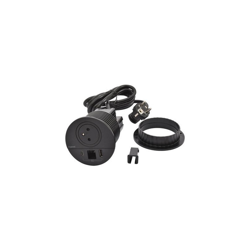 Legrand - Incara™ Disq 80 - Zapuštěná zásuvka 2P+T/USB A+C, kabel. vývod, černá, 2m