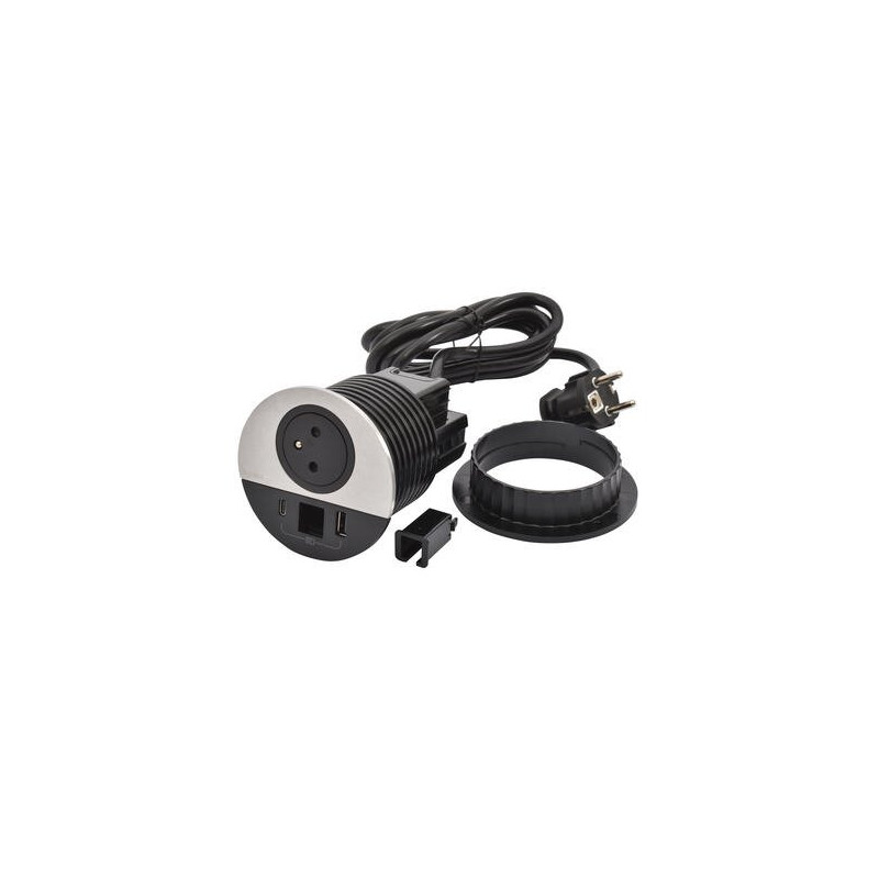 Legrand - Incara™ Disq 80 - Zapuštěná zásuvka 2P+T/USB A+C, kabel. vývod, černá/kov, 2m