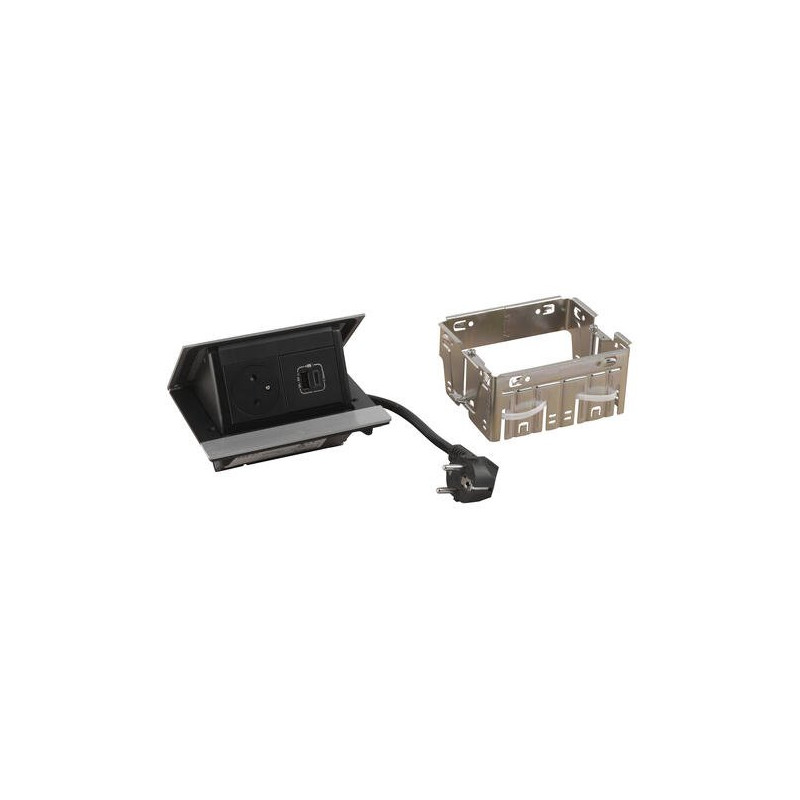 Legrand - Incara™ Pop-up - Osazená krabice do nábytku 2P+T/USB A+C (15W), broušený hliník, kabel 2m