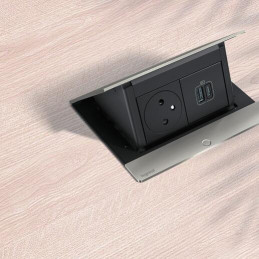Legrand - Incara™ Pop-up - Osazená krabice do nábytku 2P+T/USB A+C (15W), broušený hliník, kabel 2m