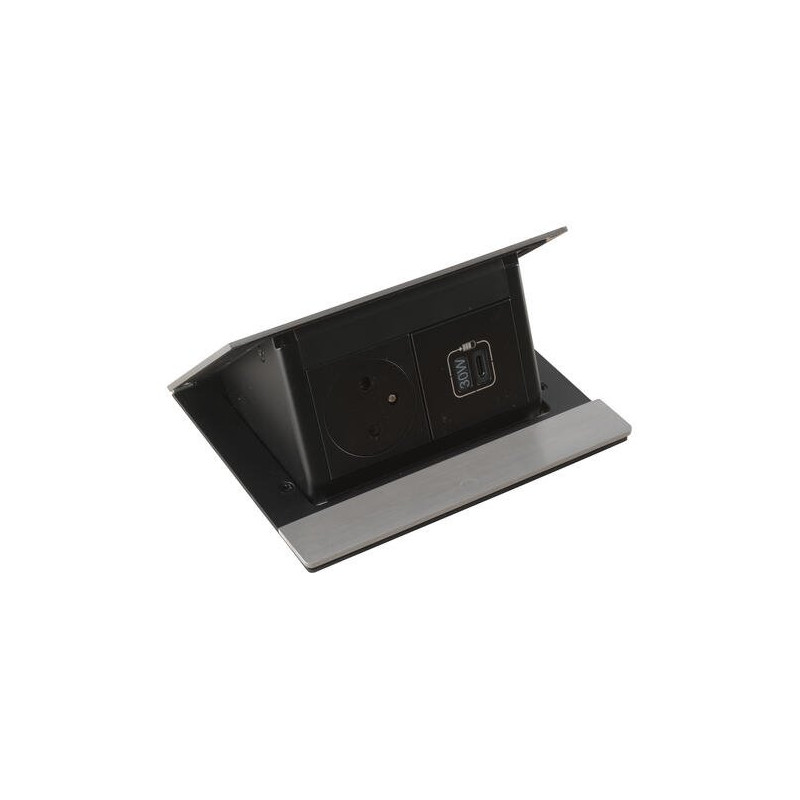 Legrand - Incara™ Pop-up - Osazená krabice do nábytku 2P+T/USB-C (30W PD), broušený hliník, kabel 2m